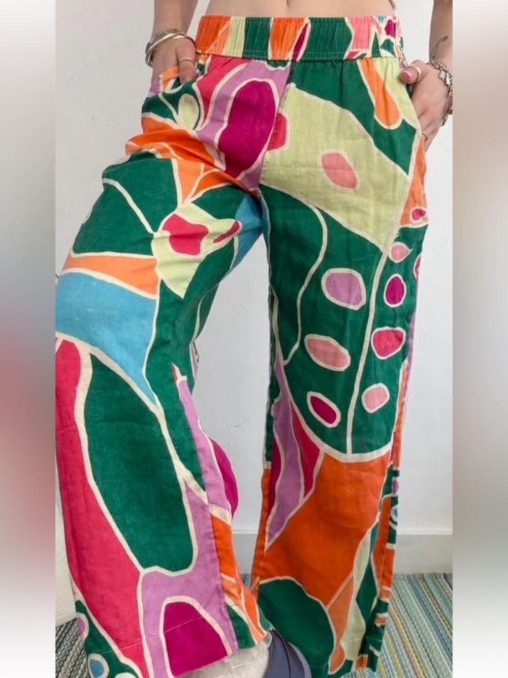 Christian Soriano AbstrctPrint Wide-Leg Pants 100% Linen Elastic waist Sz S NWOT - Picture 1 of 15